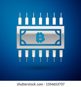 Silver Cryptocurrency concept bitcoin in circle with microchip circuit icon isolated on blue background. Blockchain technology, digital money market. Vector Illustration