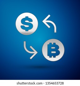 Silver Cryptocurrency exchange icon isolated on blue background. Bitcoin to dollar exchange icon. Cryptocurrency technology, mobile banking. Vector Illustration
