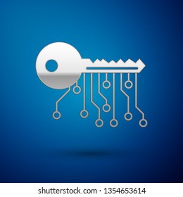 Silver Cryptocurrency key icon isolated on blue background. Concept of cyber security or private key, digital key with technology interface. Vector Illustration