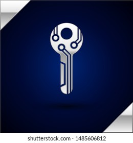 Silver Cryptocurrency key icon isolated on dark blue background. Concept of cyber security or private key, digital key with technology interface.  Vector Illustration