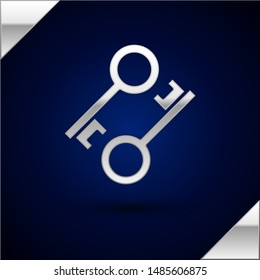 Silver Cryptocurrency key icon isolated on dark blue background. Concept of cyber security or private key, digital key with technology interface.  Vector Illustration