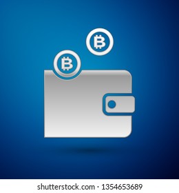 Silver Cryptocurrency wallet icon isolated on blue background. Wallet and bitcoin sign. Mining concept. Money, payment, cash, pay icon. Vector Illustration