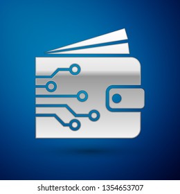 Silver Cryptocurrency wallet icon isolated on blue background. Wallet and bitcoin sign. Mining concept. Money, payment, cash, pay icon. Vector Illustration