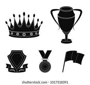 A silver cup, a gold crown with diamonds, a medal of the laureate, a gold sign with a red ribbon.Awards and trophies set collection icons in black style vector symbol stock illustration web.