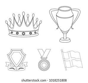A silver cup, a gold crown with diamonds, a medal of the laureate, a gold sign with a red ribbon.Awards and trophies set collection icons in outline style vector symbol stock illustration web.