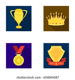 A silver cup, a gold crown with diamonds, a medal of the laureate, a gold sign with a red ribbon.Awards and trophies set collection icons in flat style vector symbol stock illustration web.