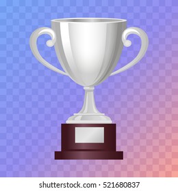 Silver cup on big base. Real award. 3d icon. Contemporary great shiny and glossy, brightly trophy on brown base. Win. Achievement. Flat design. Vector illustration