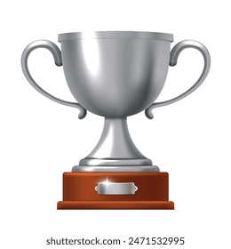 Silver cup on a wooden stand. Vector 3d clipart.