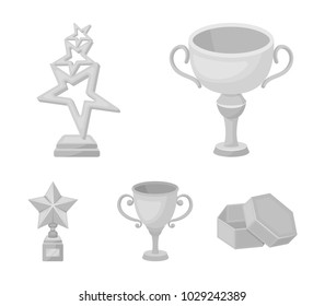 Silver cup for the second place, gold stars on the stand, a cup with a star, a gold cup.Awards and trophies set collection icons in monochrome style vector symbol stock illustration web.