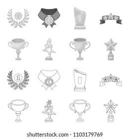 Silver cup for the second place, gold stars on the stand, a cup with a star, a gold cup.Awards and trophies set collection icons in outline,monochrome style vector symbol stock illustration web.
