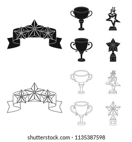 Silver cup for the second place, gold stars on the stand, a cup with a star, a gold cup.Awards and trophies set collection icons in black,outline style vector symbol stock illustration web.
