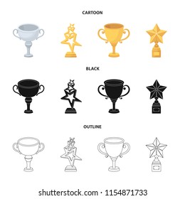 Silver cup for the second place, gold stars on the stand, a cup with a star, a gold cup.Awards and trophies set collection icons in cartoon,black,outline style vector symbol stock illustration web.