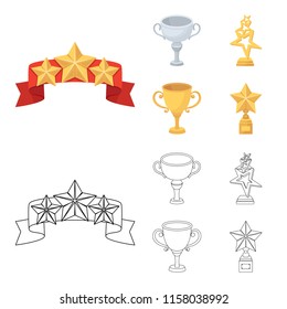 Silver cup for the second place, gold stars on the stand, a cup with a star, a gold cup.Awards and trophies set collection icons in cartoon,outline style vector symbol stock illustration web.