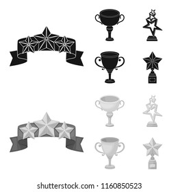 Silver cup for the second place, gold stars on the stand, a cup with a star, a gold cup.Awards and trophies set collection icons in black,monochrome style vector symbol stock illustration web.