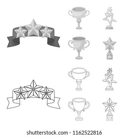 Silver cup for the second place, gold stars on the stand, a cup with a star, a gold cup.Awards and trophies set collection icons in outline,monochrome style vector symbol stock illustration web.