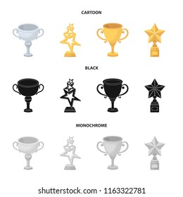 Silver cup for the second place, gold stars on the stand, a cup with a star, a gold cup.Awards and trophies set collection icons in cartoon,black,monochrome style vector symbol stock illustration web.
