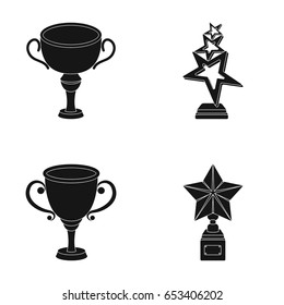 Silver cup for the second place, gold stars on the stand, a cup with a star, a gold cup.Awards and trophies set collection icons in black style vector symbol stock illustration web.