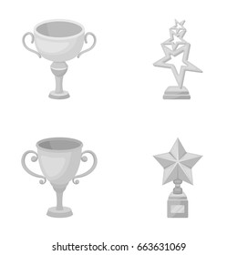 Silver cup for the second place, gold stars on the stand, a cup with a star, a gold cup.Awards and trophies set collection icons in monochrome style vector symbol stock illustration web.
