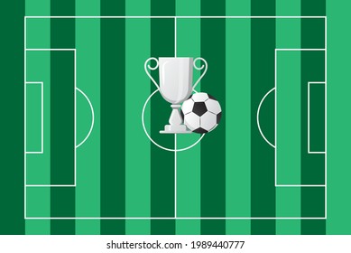 Silver cup soccer, ball vector on green football field. Euro tournament, champion prize are shown. The achievement award symbol. Congratulations on winning the game. Leadership, winner celebration.
