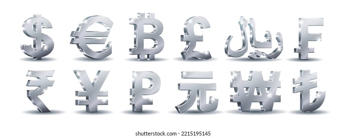 Silver currency sign set  Vector symbol euro   dollar  bitcoin  rial  frank  pound  yen  yuan  rupee  lira  won   rouble isolated white background