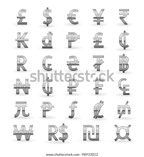 Silver\
currency symbols of the world isolated on\
white