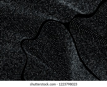 Silver curve lines of multiple square confetti on black. Rich vector background with shiny stardust glitters. Party confetti dust curves stripes. Abstract glitter flow pattern, glowing lights design.