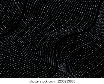 Silver curve lines of multiple square confetti on black. Rich vector background with shiny stardust glitters. VIP confetti dust curves stripes. Brilliant glitter flow pattern, glowing lights print.