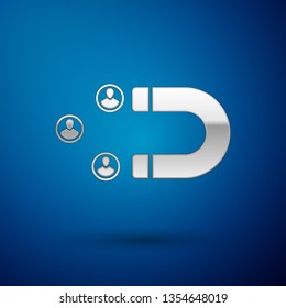 Silver Customer attracting icon isolated on blue background. Customer retention, support and service. Customer people attracting with magnet. Vector Illustration