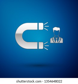 Silver Customer attracting icon isolated on blue background. Customer retention, support and service. Customer man attracting with magnet. Vector Illustration