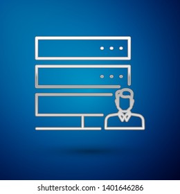 Silver Customer care server icon isolated on blue background. Tech support concept with male operator. Call center sign. Vector Illustration
