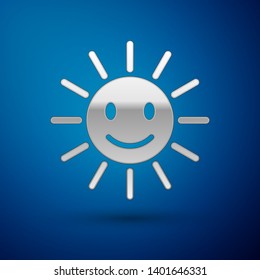Silver Cute sun with smile icon isolated on blue background. Funny smiling sun. Happy sunny smile. Vector Illustration