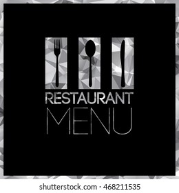 Silver cutlery kitchen polygon menu design. Triangle restaurant background