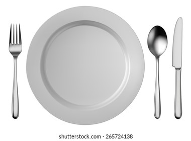 Silver cutlery set with white plate isolated on white background, RGB vector created with gradient mesh