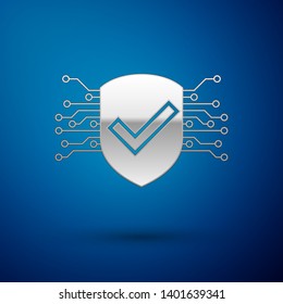 Silver Cyber security icon isolated on blue background. Shield with check mark sign. Safety concept. Digital data protection. Vector Illustration