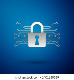 Silver Cyber security icon isolated on blue background. Closed padlock on digital circuit board. Safety concept. Digital data protection. Vector Illustration