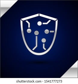 Silver Cyber security icon isolated on dark blue background. Shield sign. Safety concept. Digital data protection.  Vector Illustration