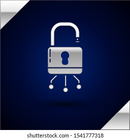 Silver Cyber security icon isolated on dark blue background. Closed padlock on digital circuit board. Safety concept. Digital data protection.  Vector Illustration