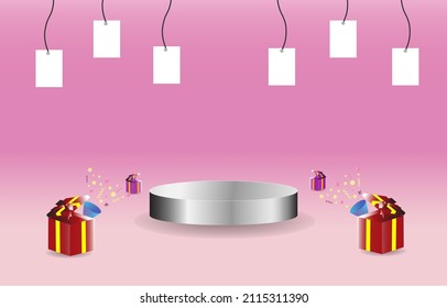 Silver cylinder pedestal podium.  Abstract pink pastel minimal wall scene. and a gift box replica with a price tag , Vector rendering 3d geometric shape for product display presentation.
