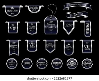 Silver and dark blue luxury labels and badges premium quality certificate ribbons vector illustration