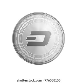 Silver dash coin. Crypto currency blockchain coin dash symbol isolated on white background. Realistic vector illustration.