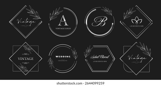 Silver decorative frame set. Vector vintage frames. Logo emblems. Badges for brand label. Greeting card design elements