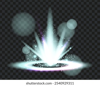 Silver decorative glow burst, radiating light, explosion of silver glow and shine with bokeh and sparkles. Vector png illustration.