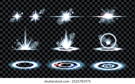 Silver decorative glow of various forms, similar to twinkling stars, sparks, lights, flashes and light from lighting fixtures, spotlights, rays of light. Vector png illustration.