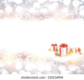 Silver defocused christmas background with realistic gifts. Bright bokeh. Vector illustration.