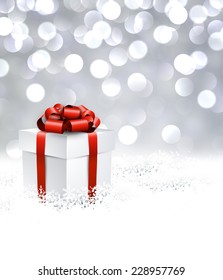 Plata desenfocó el fondo navideño con un regalo realista. Brillante. Ilustración vectorial.