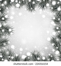 Silver defocused christmas background. Spruce branches. Vector illustration.