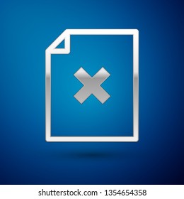 Silver Delete file document icon isolated on blue background. Rejected document icon. Cross on paper. Vector Illustration