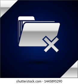 Silver Delete folder icon isolated on dark blue background. Folder with recycle bin. Delete or error folder. Close computer information folder.  Vector Illustration