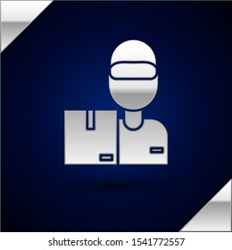 Silver Delivery man with cardboard boxes icon isolated on dark blue background. Door to door delivery by courier.  Vector Illustration
