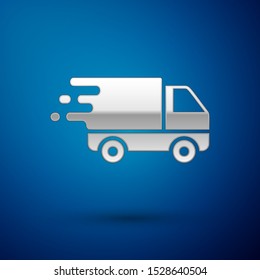 Silver Delivery truck in movement icon isolated on blue background. Fast shipping delivery truck.  Vector Illustration